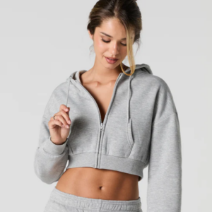 Heather Grey Solid Fleece Zip-Up Cropped Hoodie