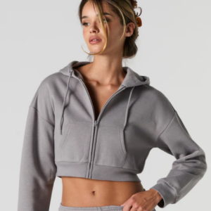 Light Grey Solid Fleece Zip-Up Cropped Hoodie